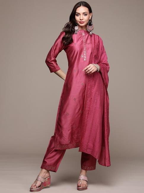 anubhutee mauve embellished kurta pant set with dupatta