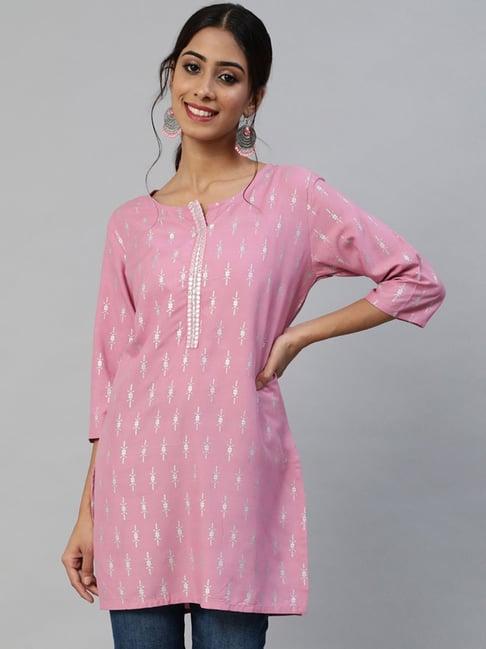 anubhutee mauve white ethnic motifs printed mirror work mirror work kurti