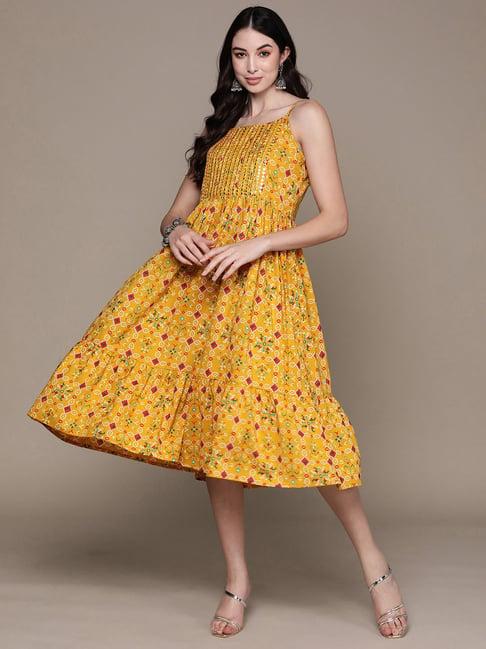 anubhutee mustard cotton embellished fit & flare dress