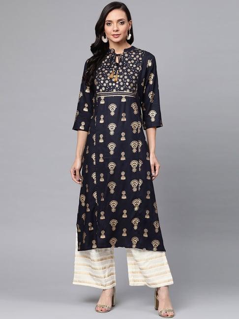 anubhutee navy & white printed kurta palazzo set