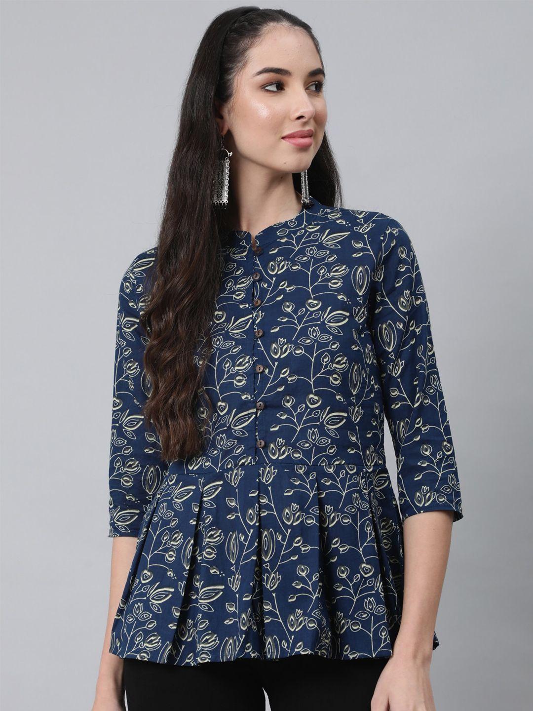 anubhutee navy blue ethnic motifs printed pure cotton anarkali kurti