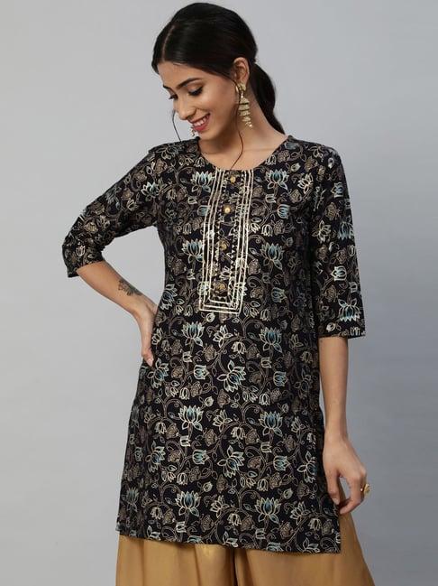 anubhutee navy blue gold-toned ethnic motifs printed gotta patti gotta patti kurti