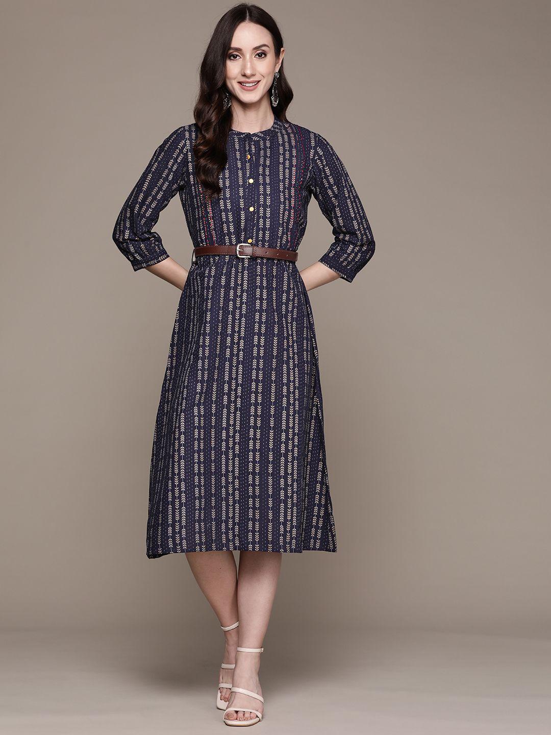 anubhutee navy blue printed a-line midi dress