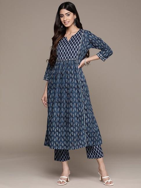 anubhutee navy cotton floral kurta pants set