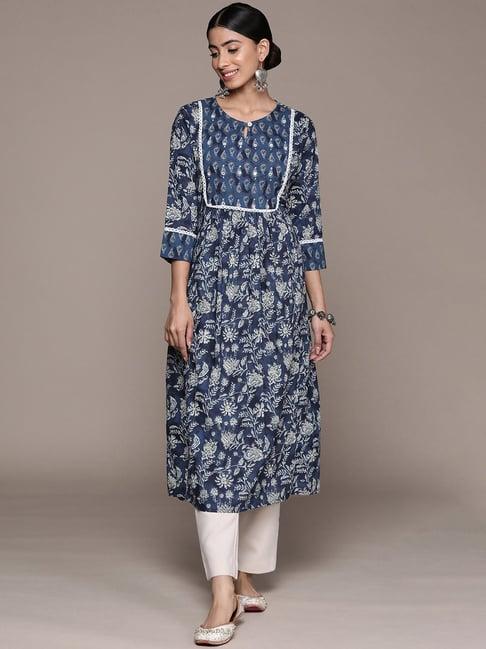 anubhutee navy floral print a line kurta