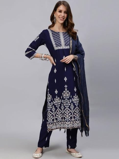 anubhutee navy printed kurta pant set with dupatta