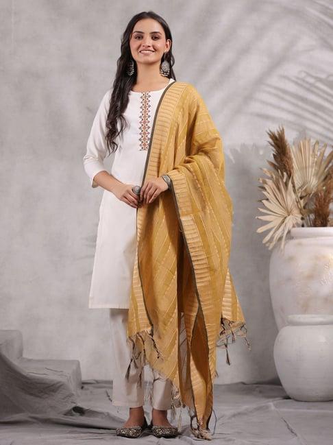 anubhutee off-white & yellow cotton kurti pant set with dupatta