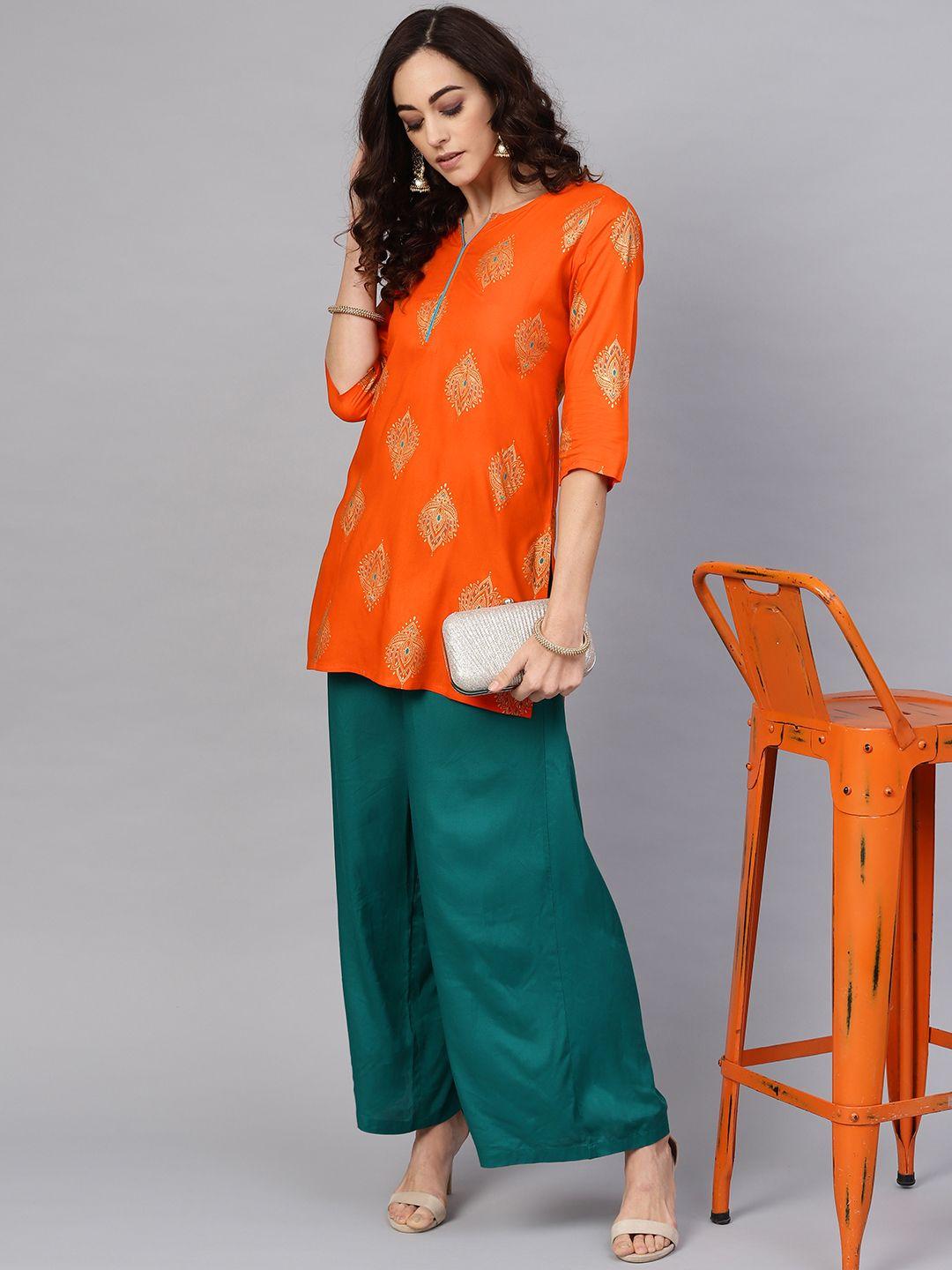 anubhutee orange & golden printed straight kurti