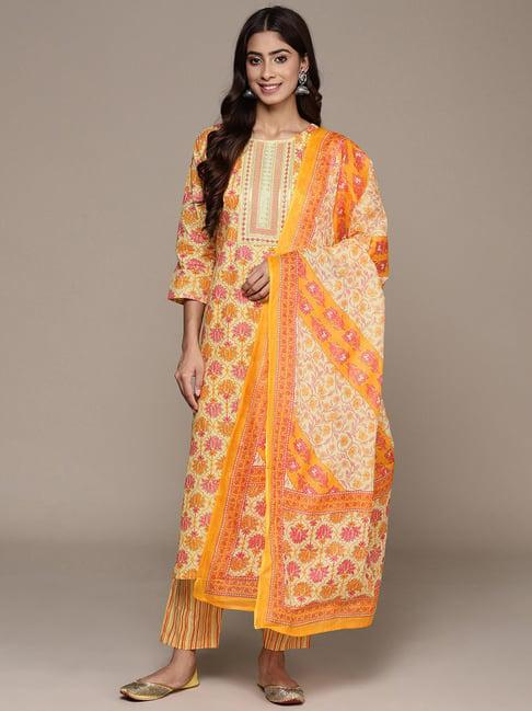 anubhutee orange floral print pure cotton kurta with pant & dupatta