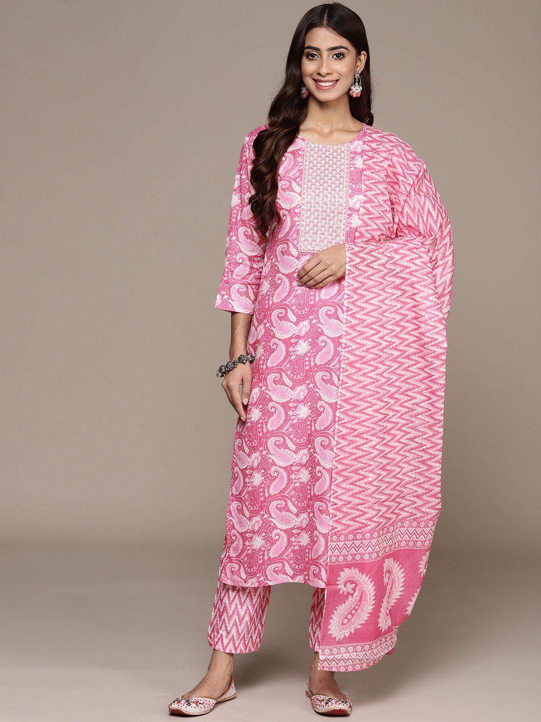 anubhutee paisley printed sequinned pure cotton kurta with trousers & dupatta