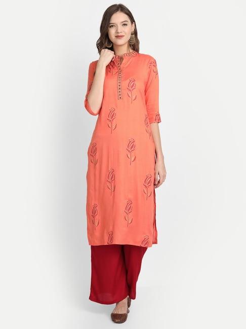 anubhutee peach & maroon embroidered kurta palazzo set