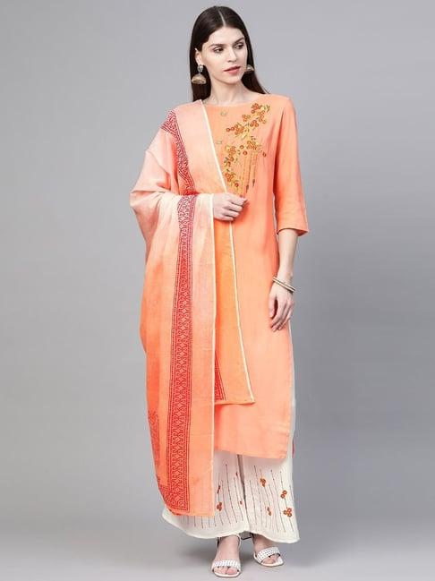 anubhutee peach & white embroidered kurta palazzos set with dupatta