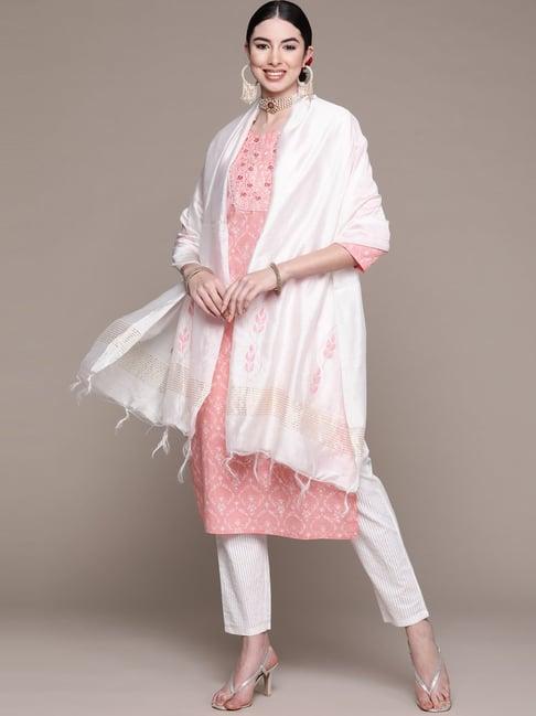 anubhutee pink cotton embellished kurta pant set with dupatta