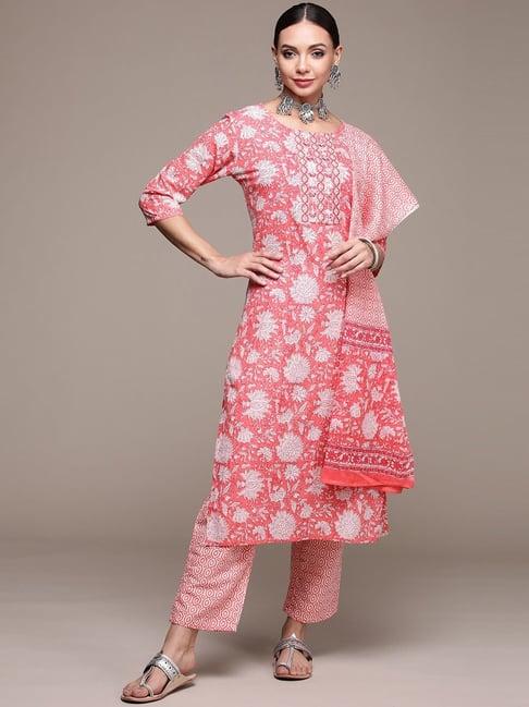 anubhutee pink cotton embroidered kurta palazzo set with dupatta