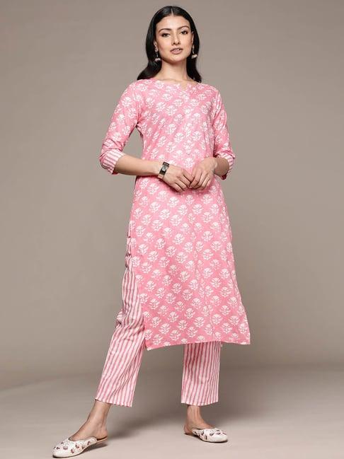 anubhutee pink cotton floral kurta pants set