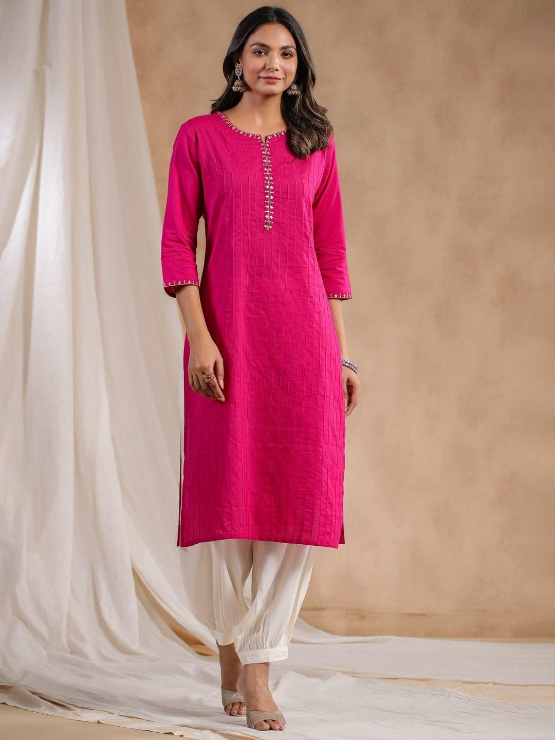 anubhutee pleated thread work pure cotton straight kurta