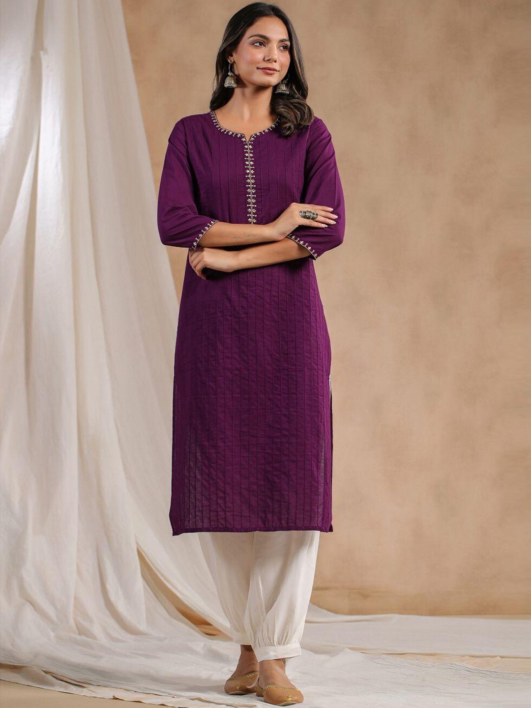 anubhutee pleated thread work pure cotton straight kurta