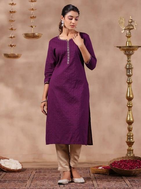 anubhutee purple cotton embroidered straight kurta