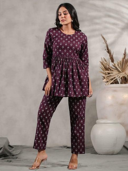 anubhutee purple cotton floral print top pant set