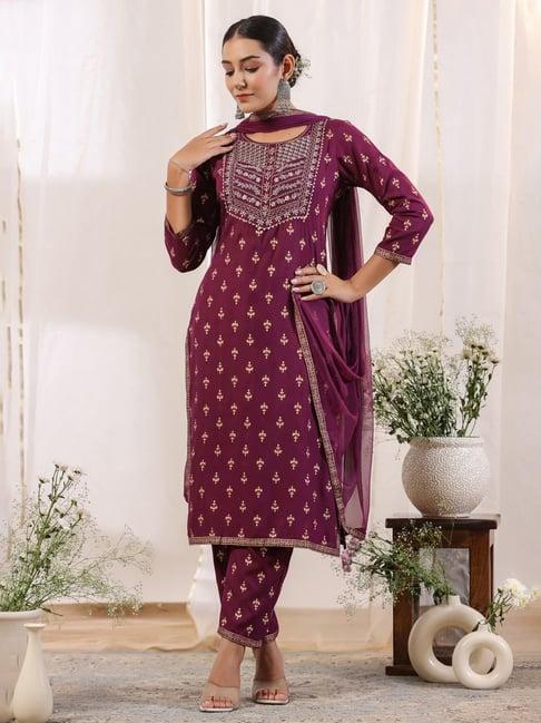 anubhutee purple printed kurta pant set with dupatta