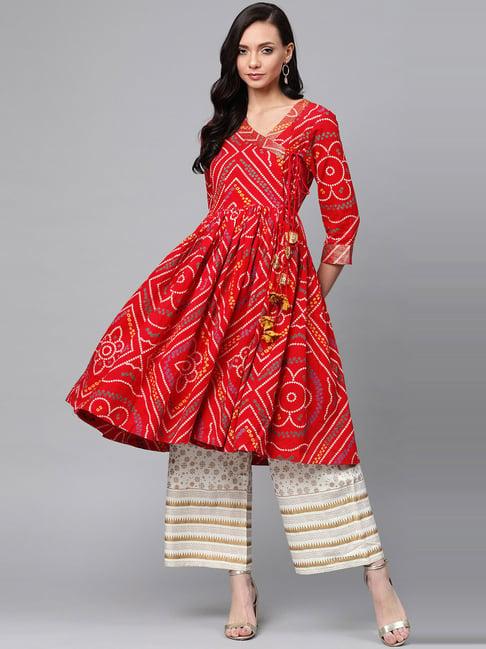 anubhutee red & white printed kurta palazzo set