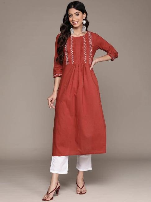 anubhutee red cotton embroidered kurta pants set