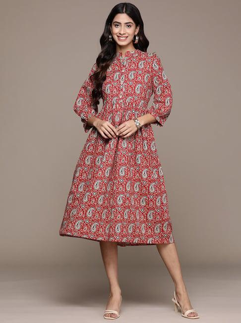 anubhutee red cotton printed fit & flare ethnic dress