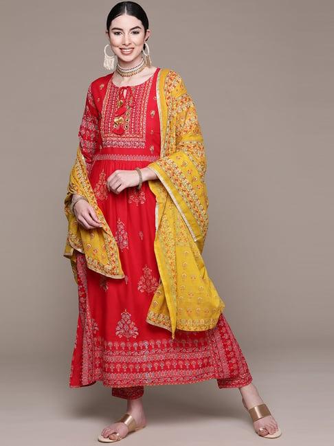 anubhutee red embellished kurta palazzo set with dupatta