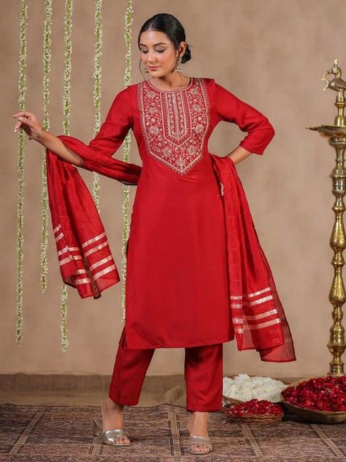 anubhutee red embroidered kurta pant set with dupatta