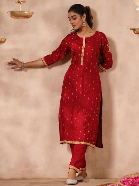 anubhutee red embroidered kurta pant set