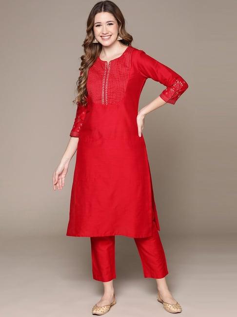 anubhutee red embroidered kurta pant set