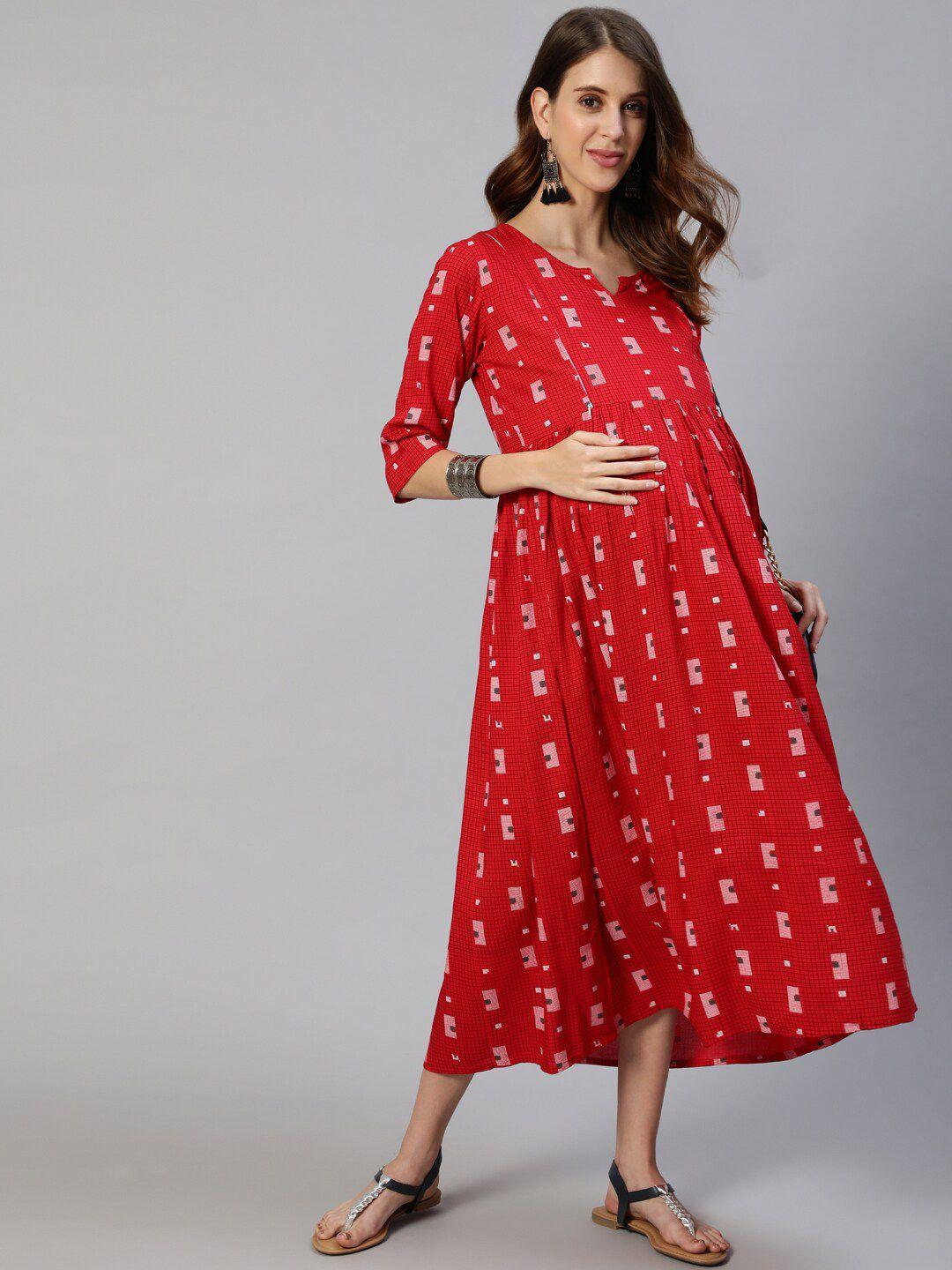 anubhutee red geometric printed maternity fit & flare midi dress