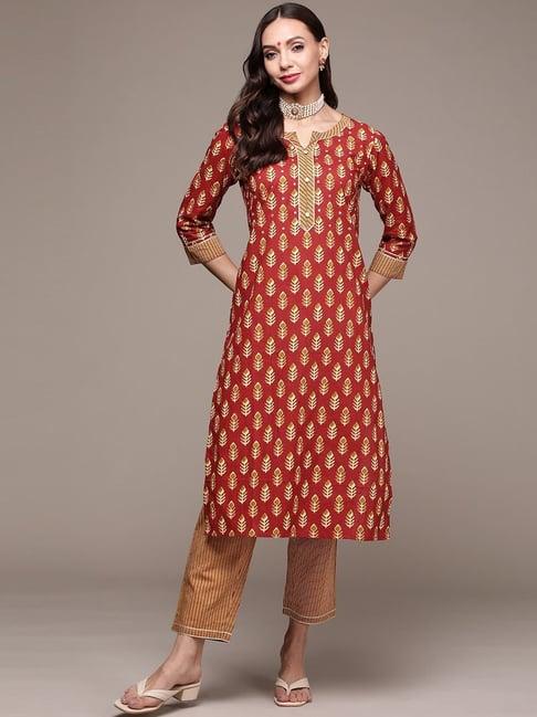 anubhutee rust & orange cotton printed kurta pant set