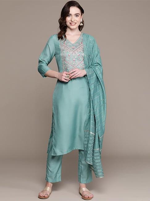 anubhutee sea green embroidered kurta pant set with dupatta