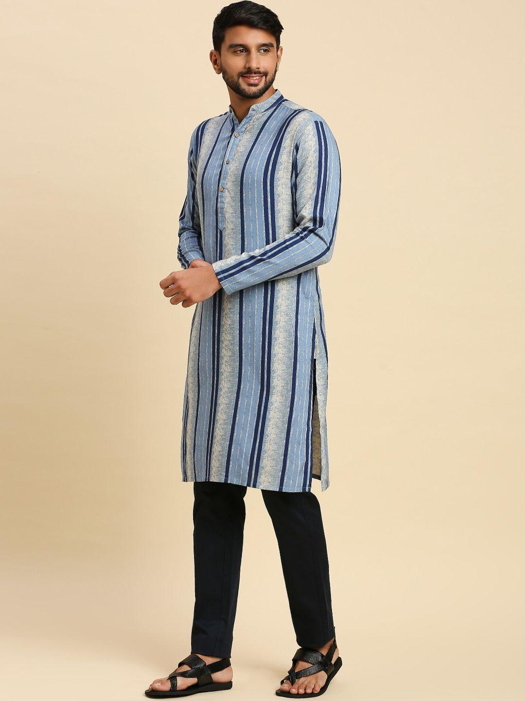 anubhutee striped mandarin collar long sleeve straight kurta