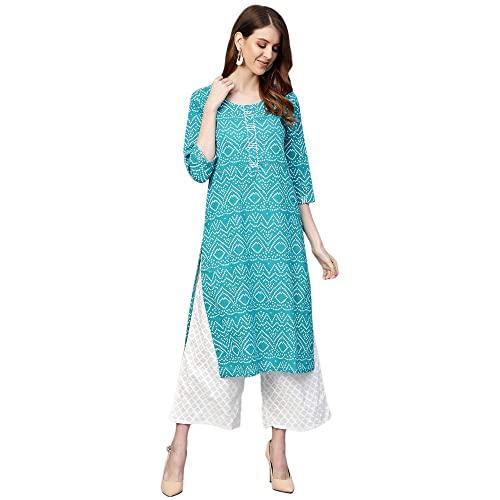 anubhutee turquoise blue bandhani print kurta palazzo suit set for women