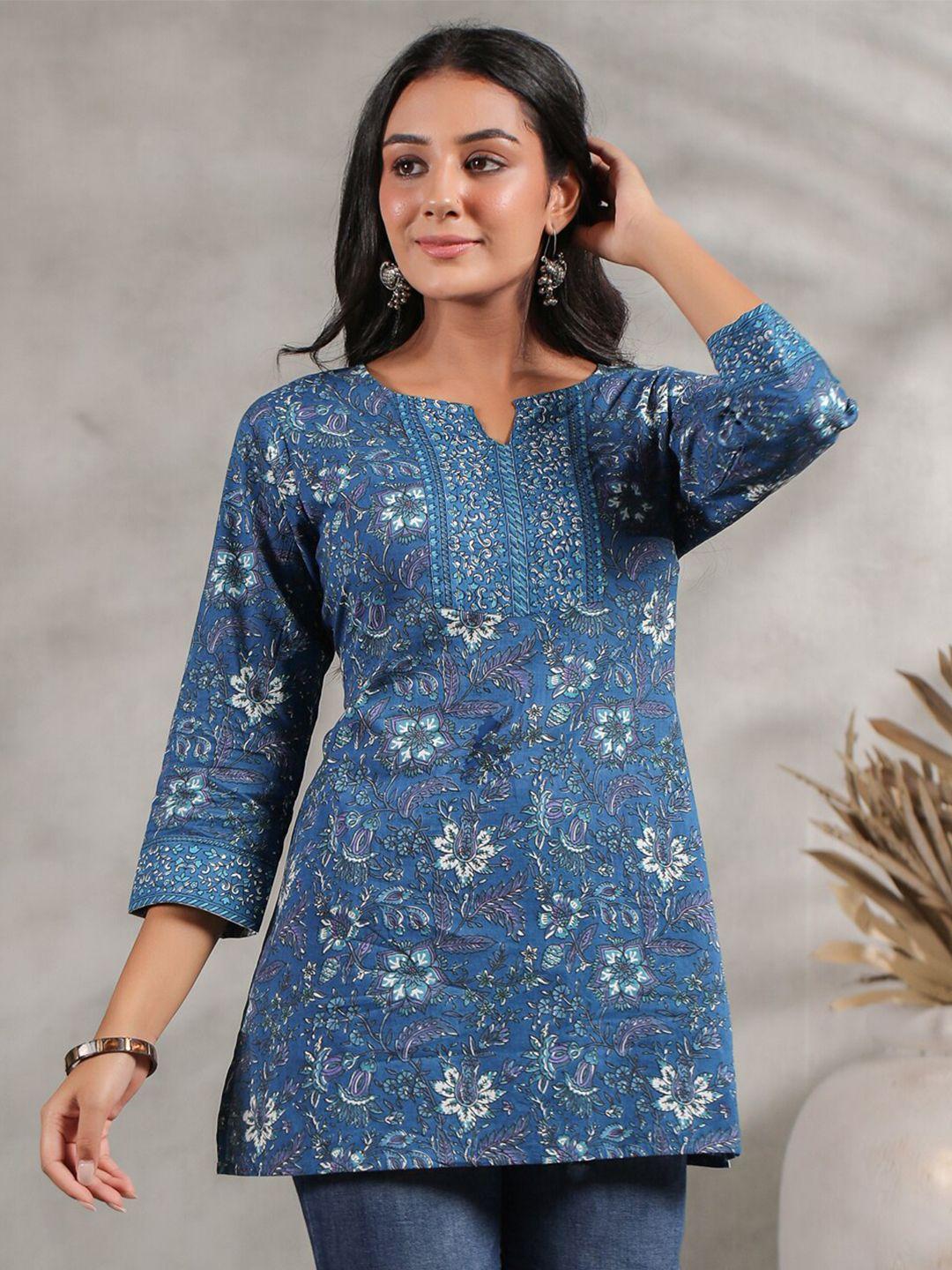 anubhutee turquoise blue floral printed pure cotton kurti