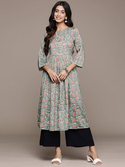 anubhutee turquoise silk floral print a line kurta