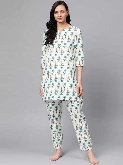 anubhutee white & green cotton printed kurti pyjama set