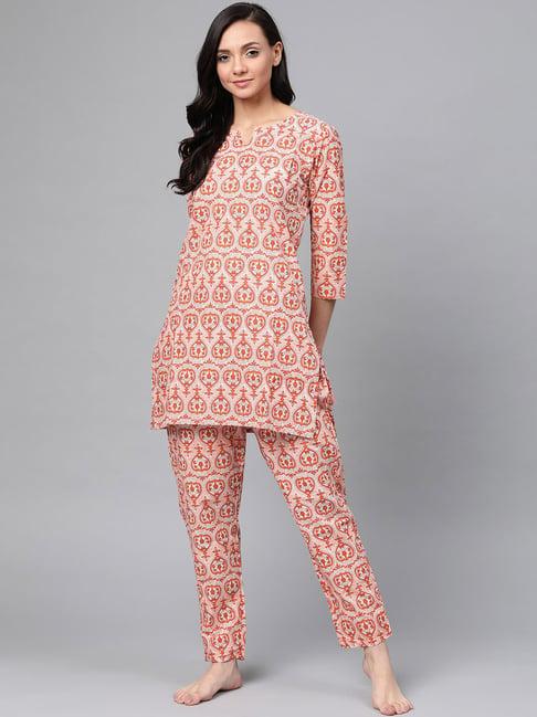 anubhutee white & orange printed kurti pyjama set