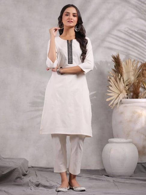 anubhutee white cotton kurti pant set