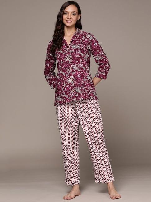 anubhutee wine & white cotton floral print shirt with pyjamas