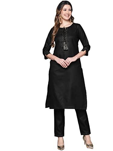 anubhutee women's black gotta patti dori tassel kurta set with trousers