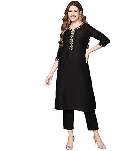 anubhutee women's cotton black ethnic motifs zari work embroidered straight kurta suit set with trousers