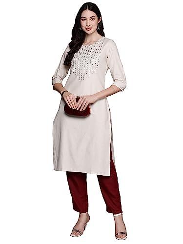 anubhutee women's cotton embellished off white straight kurta