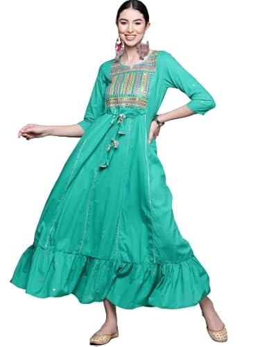 anubhutee women's cotton green yoke embroidered ethnic dress