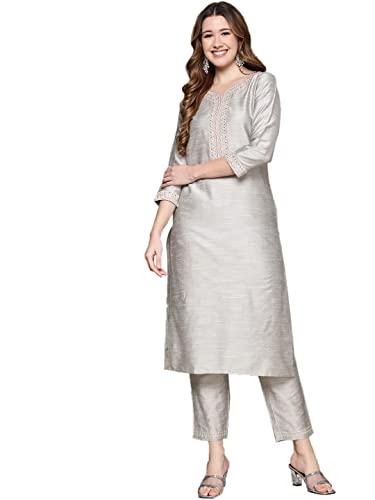 anubhutee women's cotton grey ethnic motifs zari work embroidered straight kurta suit set with trousers