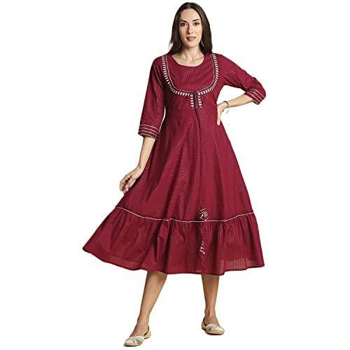 anubhutee women's cotton maroon gotta patti work printed fit and flare indo western dress