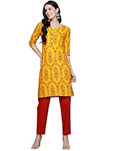 anubhutee women's cotton mustard yellow abstract printed straight kurta