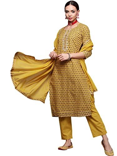 anubhutee women's cotton mustard yellow floral printed straight kurta suit set with pants and dupatta